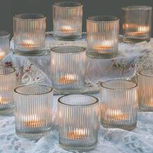 24/36/48 Piece Glass Hurricane Striped Candle Holder Set - Transparent Small Candle Centerpiece Decoration, Suitable For Home And Holiday Decorations, Perfect For Halloween, Christmas, Easter, Valentine's Day, Thanksgiving - 透明 - 查看 1
