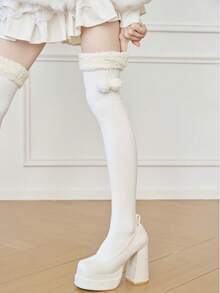 1双仿毛球过膝袜，加厚保暖，可爱洛丽塔风格，适合秋冬季穿着 - 彩色 - 查看 9