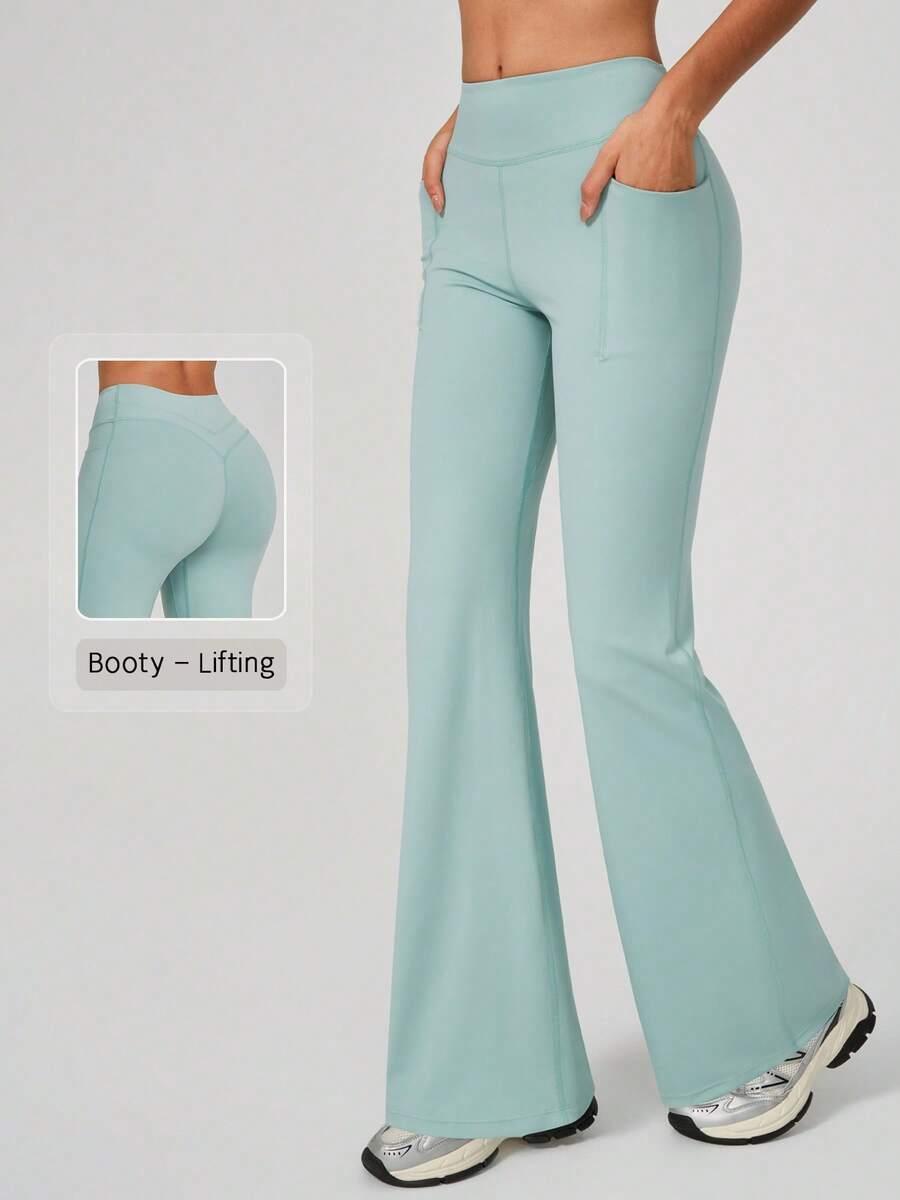 NcmRyu 1pc Women's V-Neck Ruched Side Pocket Elastic Flare Pants, Sporty Leggings - Mint Green - View 1