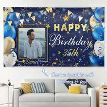 1pc Personalized Couples, Family, Friends Birthday Celebration Wall Tapestry, Men's Style With Photo, Blue, Gold, White Balloons, Ribbons And Text Decorations, Birthday Party/Living Room/Bedroom/Office Home Decor, Wall Hanging, Custom Tapestry, Custom Flags, Room Decor, Tapestry, Breathable,Lightweight,Washable,Cute,Love,Cozy,Soft,Comfortable,Simple,Custom,Personalized,Unique,Him,Her,Boyfriend,Girlfriend,Dad,Mom,Family,Friends - Multicolor - View 10