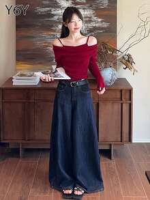 Y6Y 2025新款圣诞红色露肩长袖女式针织毛衣，荷叶边修身套头衫，适合秋冬季穿着 - 紅色 - 查看 11