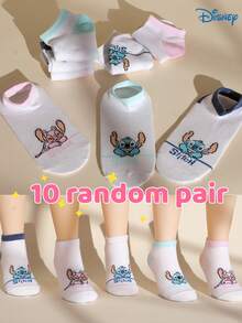 Disney 1/5/10 Pairs Stitch Cute Cartoon Character Socks, Fashion Casual Comfortable Breathable Odor-Resistant Moisture-Wicking Student Socks With Graphic Design, Versatile Low-Cut Socks Suitable For Daily Wear, Back To School And Holiday Gifts, Christmas New Socks