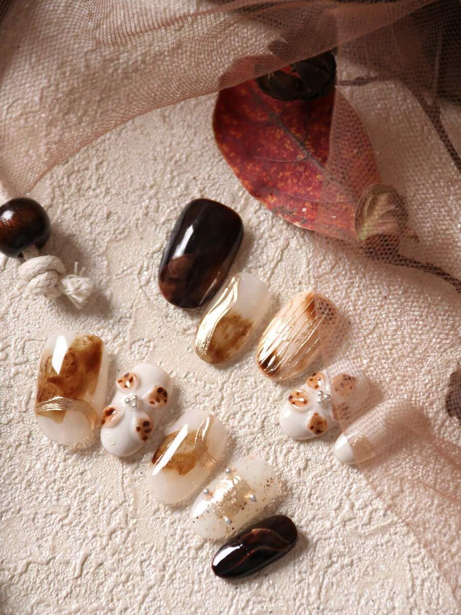 10片亚克力按压式美甲贴片，棕色猫眼金色线条白色美甲贴片，美甲用品，按压式短指甲，假指甲，人造指甲套装，包含1张粘合贴片和1个迷你指甲锉。 - 彩色 - 查看 1