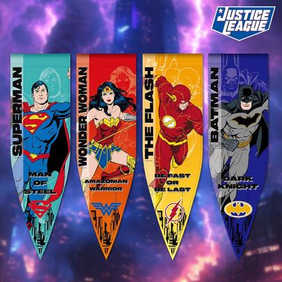  1 Pc Hero Justice League Flags, Retro Batman, Superman, Wonder Woman, Flash Cone-Shaped Flag, Tapestry Wall Hanging Bed Room Bar Modern Music Art Banner Vintage Blanket Tapestries Exterior Decoration Gift Aesthetic Room Decor,[Officially Licensed]