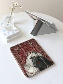 马图腾皮革翻盖平板电脑保护套，适用于 iPad Air 4/5 (10.9 英寸)、7/8/9 (10.2 英寸)，内置笔槽，兼容三星 Tab S6 (10.4 英寸)、Tab A7 Lite (8.7 英寸)，保护套，返校季、新年礼物、复活节兔子生日周年纪念礼物派对 - 酒紅色 - 查看 4