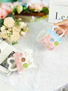 1 Stück kreative handbemalte Blumen- & Schleifen-Keramiktasse mit herzförmigem Henkel - Verschiedenfarbig - Übersicht 6