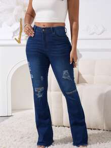 Women's Solid Color Stretch Flare Jeans With Raw Hem – Slim Fit Casual Bell Bottom Pants - 深色水洗藍 - 查看 6