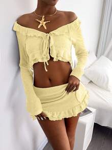 Summer Sexy Ruffle Trim Long Sleeve Skirt 2 Pieces Set For Ladies
