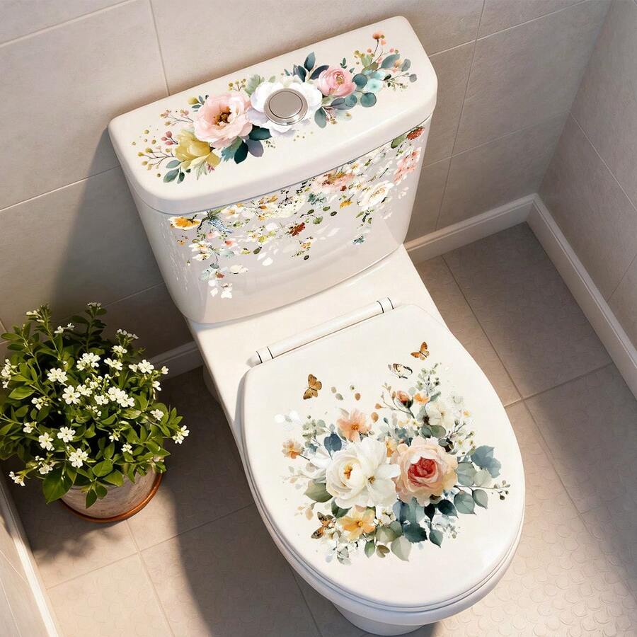1/3片装水彩花卉图案马桶座贴纸，PVC自粘材质，适用于马桶盖、水箱、浴室装饰、家居装饰、浴室贴纸 - 彩色 - 查看 1