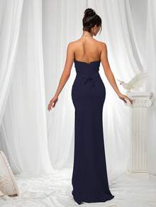 VIPGIRL Elegant Bridesmaid Dress: Strapless Flattering Fitted Satin Gown With Corset Bodice & Draped Waist – Minimalist Luxury Formal Evening Wear, Wedding Guest Outfit - Navy Blue - View 2