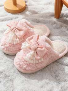 1 Pair Cute Bow Decor Slippers For Teenage Girls, Warm Indoor Slippers For Couples, Suitable For Winter