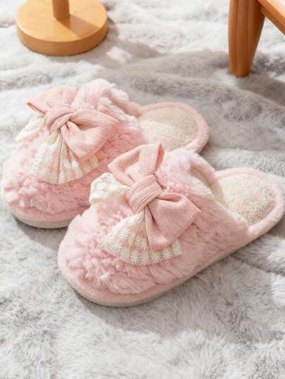 1 Pair Cute Bow Decor Slippers For Teenage Girls, Warm Indoor Slippers For Couples, Suitable For Winter