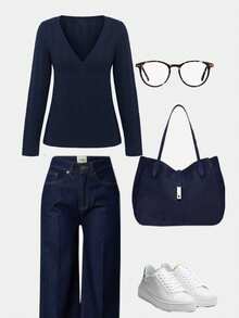 Áo len dệt kim cổ chữ V sâu gợi cảm, bó sát màu trơn cổ điển Y2K, thích hợp cho việc đi làm hàng ngày, du lịch thường ngày và hẹn hò vào mùa thu/đông - Xanh đậm - Xem 7