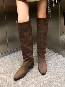 女士时尚靴子，2025秋冬新款，女鞋，绒面革方头修身踝靴，骑马靴，棕色靴子，过膝靴 - 咖啡色 - 查看 4