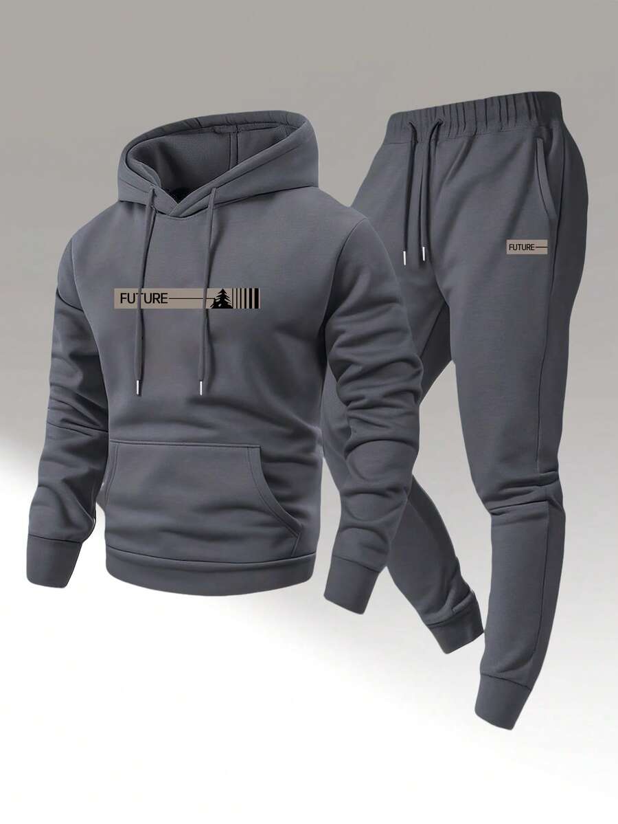 Men's Two-Piece Casual Set: A Crew Neck Long-Sleeved Hooded Sweatshirt Paired With Sweatpants, Suitable For Autumn And Winter Wear. The Tracksuit Set Features A Variety Of Patterns And Includes A Hooded Sweatshirt, Sweatshirt, Halloween-Themed Costume, Jogging Pants, Sweatpants, A Sweatshirt, A Hat, And Halloween/Christmas Themed Items. - 灰色 - 查看 1