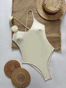 新款时尚性感纯色3D立体花卉吊带连体泳衣（女款）度假沙滩白色夏季 - 白色 - 查看 2