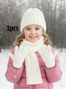 3 delar/set för barn, unisex, stickad mössa + handskar + halsduk, 3 delar, varmt vinterset, koreansk stil - 3-delad pom-pom-version - Visa 2