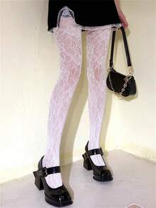 1 Pc Plus Size Women Stockings Colorful Mesh Long Stockings Floral Pattern Transparent Hollow Out Mesh Womens Tight Sexy Stockings Y2K Suitable For Daily Wear And Gifting To Partners Friends Christmas Halloween Best Gifts 80 200 Pounds - trắng - Xem 5
