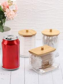 3pcs Cotton Swab Storage Box, Ball Pad Dispenser, Clear Acrylic Holder With Bamboo Lid, Bathroom Cosmetic Organizer Set - Multicolor - View 6