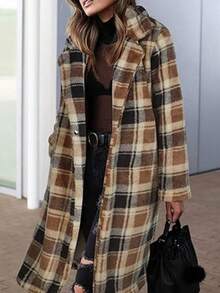 Winter Coat For Women's Casual Plaid Knitwear Long Sleeve Overcoat With Pockets Knee Length - 棕色格 - 查看 1