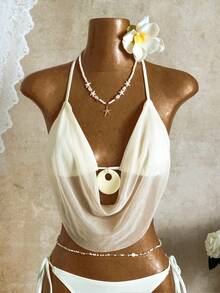 Women's Elegant Spaghetti Strap Draped Bikini Set, Tie Detail, Suitable For Summer Beach Vacation And Pool Party - Beige - View 6