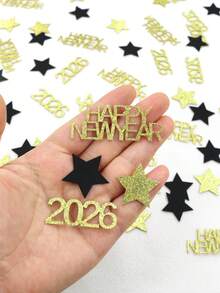 100 件黑色和金色星星，2026 年新年快乐字母形五彩纸屑，适合新年派对装饰 - 黑金色 - 查看 2