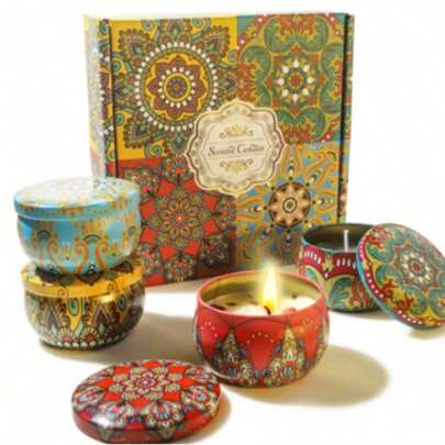 四支装香氛蜡烛礼盒（茉莉、檀香、蓝兰花、玫瑰），蜡烛罐颜色随机。蜡烛可用于舒缓压力、放松身心、沐浴、瑜伽，也适合作为节日礼物。