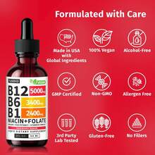 Gotas líquidas de vitamina B12 y B6, complejo de vitamina B sublingual B12 - Vitamina B 12 5000 mcg - Metilcobalamina B12 para apoyo energético, cerebral y cardíaco con 27200 mcg, frambuesa, 40 porciones,vitaminas para mujer - 60 ml - Ver 6