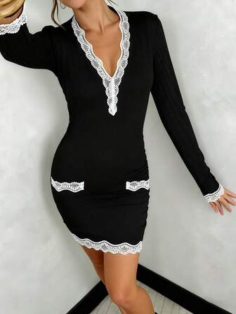Solid Color Knit Sexy V-Neck Lace Trim Patchwork Dress