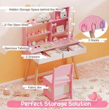 Lifezeal Kids Vanity Set With 3-Color Lighting Modes, Adjustable Brightness, Mirror Cabinet White/Pink - Pink - View 7