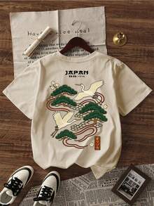 Men's Casual Versatile Simple Japanese Crane Print Short Sleeve T-Shirt