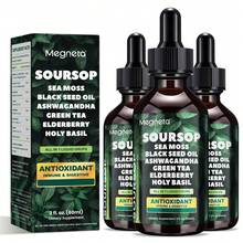 MEGNETA Soursop Graviola Liquid | Oral Drops For Immune Wellness, Digestive Balance & Liver Care, Leaf & Fruit Formula With Sea Moss, Elderberry & Black Seed Oil, For Men And Women, 2 Fl.Oz Glass Bottle, Local Delivery, Free Shipping - 2 FI Oz (Pack of 3) - 查看 9