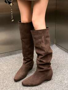 女士时尚靴子，2025秋冬新款，女鞋，绒面革方头修身踝靴，骑马靴，棕色靴子，过膝靴 - 咖啡色 - 查看 3
