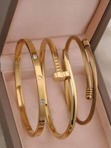 3条/1条18K镀金不锈钢四叶草手链，适合女士派对及日常佩戴，欧美风格，个性化定制，大方奢华，镶嵌立方氧化锆手镯，婚礼首饰套装，送给女孩、女士、亲戚、朋友的礼物，精致的婚礼、生日、情人节礼物 - 金色 - 查看 16