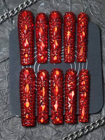 CrystalHola 10pcs Handmade French Coffin Shaped Nail Stickers, Charming Style, Full Diamond Design With Luxurious Red Gemstones, Elegant Classic, Full Coverage Design, Removable And Reusable, Durable, Unique Summer Nail Art, Must-Have Fashion Accessory For Parties And Weddings.