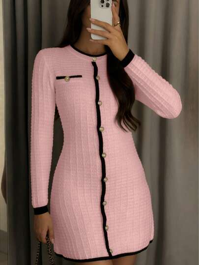 美妆新品 秋冬圆领长袖针织连衣裙 春季纯色简约优雅撞色时尚通勤迷你连衣裙 情人节约会针织连衣裙