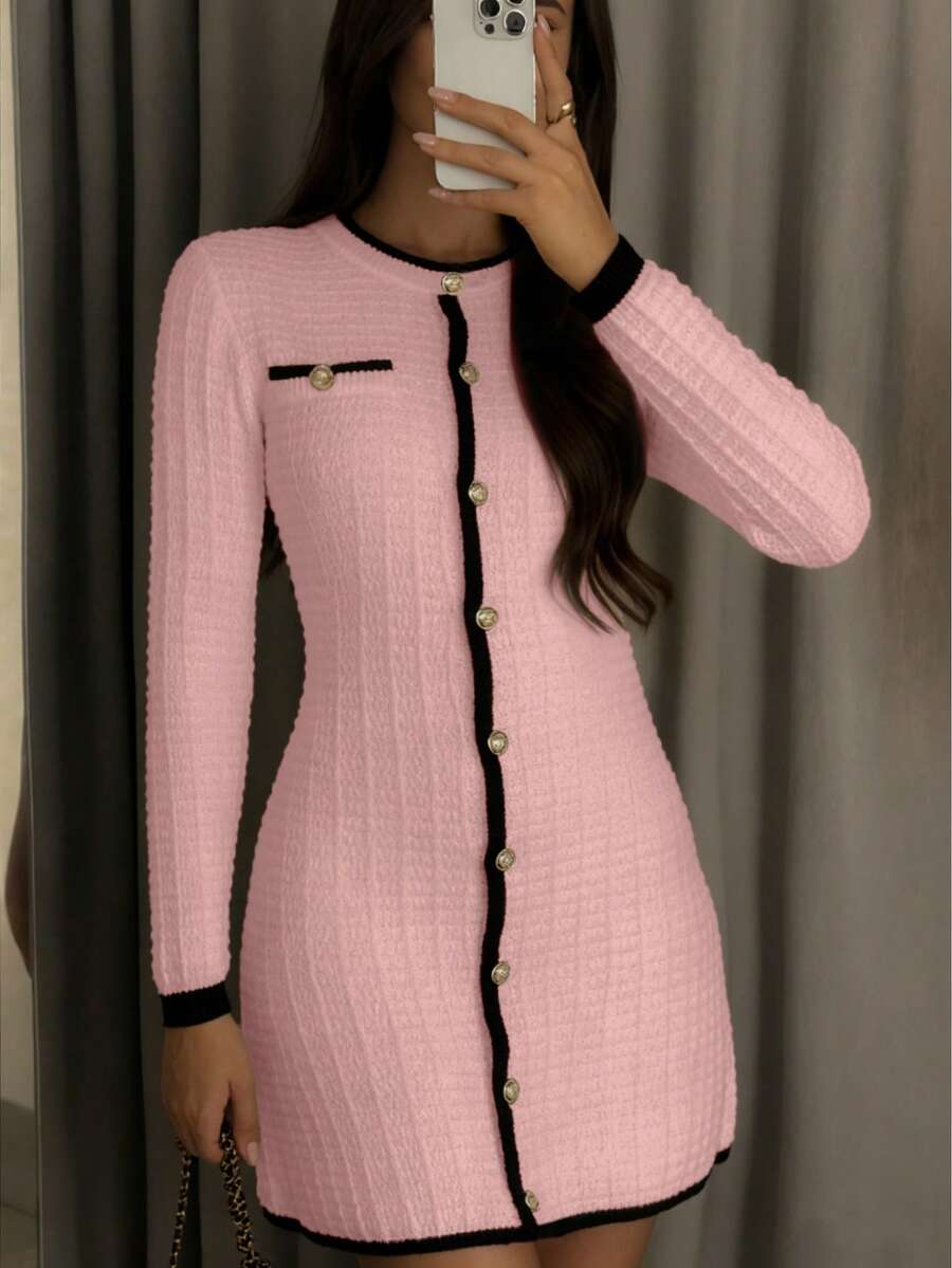 FOR BEAUTY New Autumn/Winter Round Neck Long Sleeve Knit Dress Spring Solid Color Minimalist Elegant Contrast Color Fashion Commuter Mini Dress Knit Dress For Valentine's Day Date