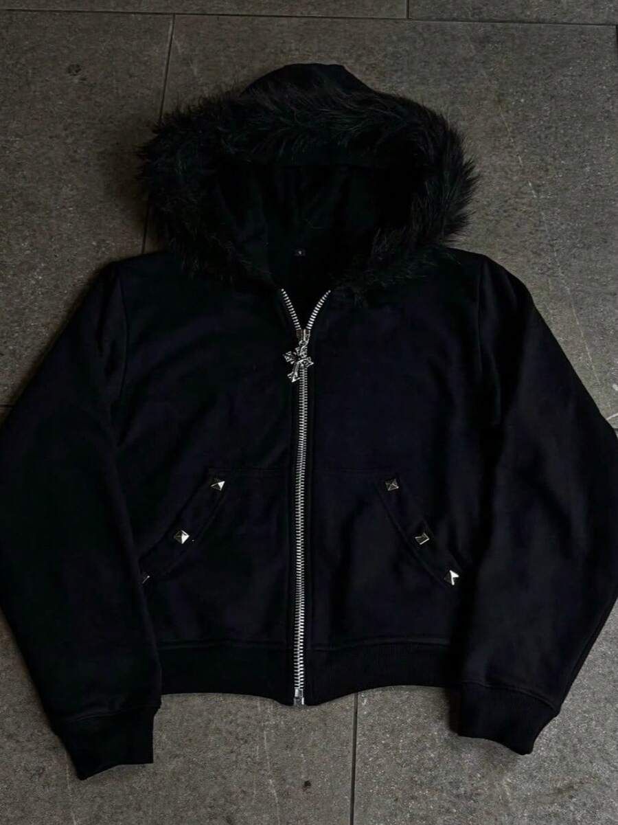 Alphabet Printed Hot Diamond Hooded Sweater Autumn/Winter Vintage High Street Hip Hop Loose Zip Jacket - 黑色(無印刷) - 查看 1