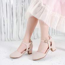 1 Pair Girls Dress Shoes Closed Toe Chunky High Heels Ankle Strap Wedding Party Pump Shoes - Da Nubuck Nude - Xem 10