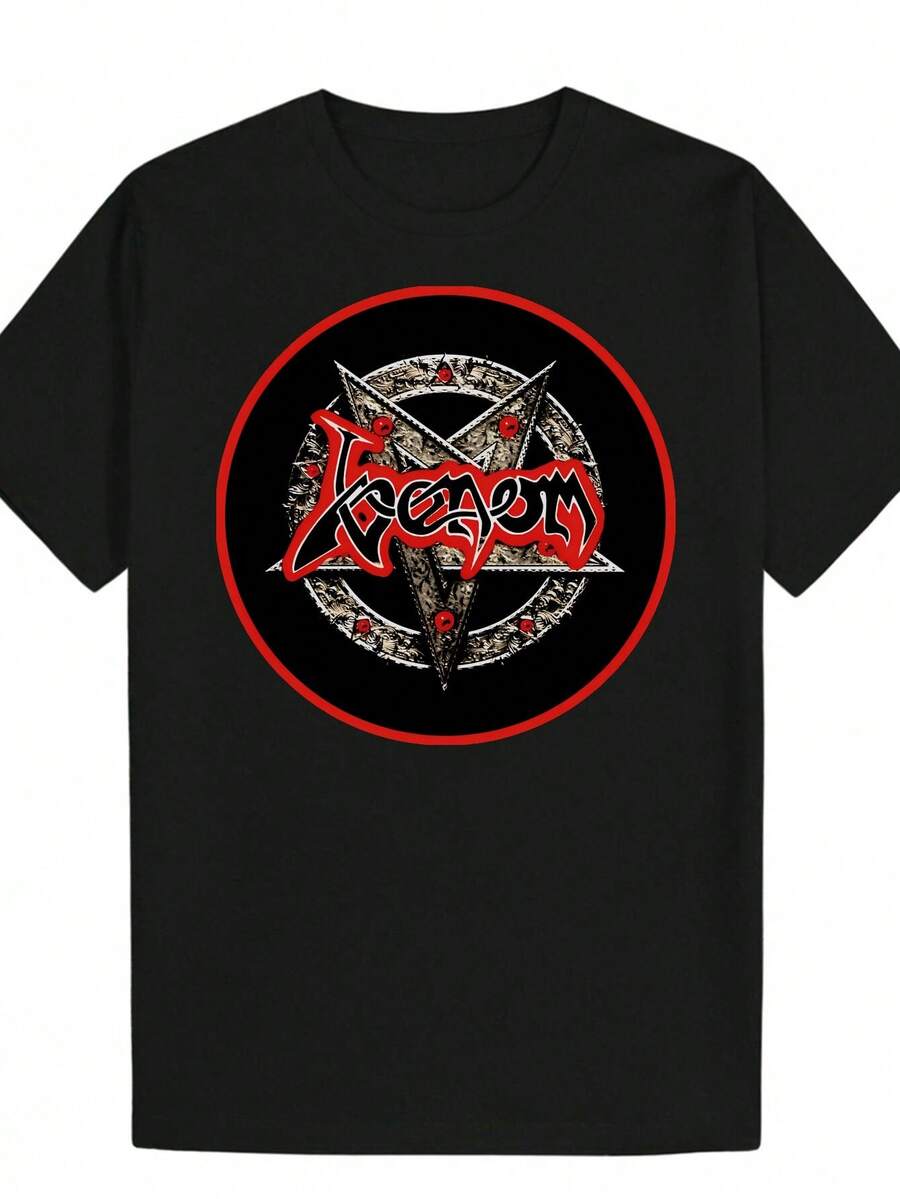 Men's Casual Summer T-Shirt, Black, With Red And White Graphic Lettering Print, Keratin Design, Short Sleeves, Crew Neck, Polyester Blend, Ideal For Casual Wear, Everyday Wear. Bold Graphic T-Shirt. Comfortable Fit. - 黑色 - 查看 1