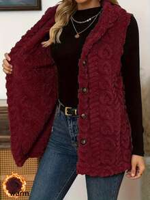 Women's Solid Color Hooded Knit Vest, Sleeveless Button Front Cardigan, Regular Length, With Fuzzy Details - Burgundy - View 7