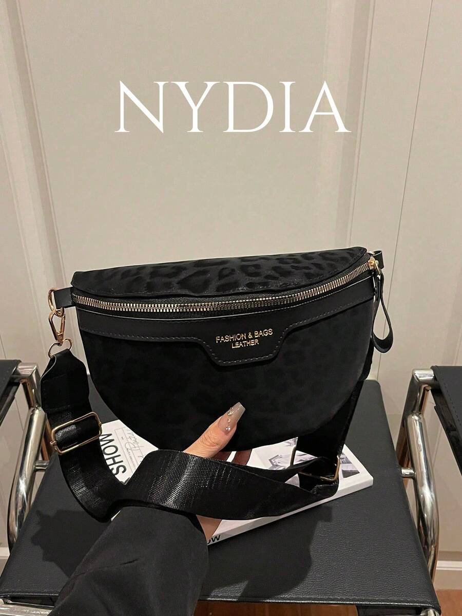 Y2K Vintage Chain Decor Millennium Style Houndstooth & Leopard Print Retro Shoulder Strap Waist Bag - Black - View 1