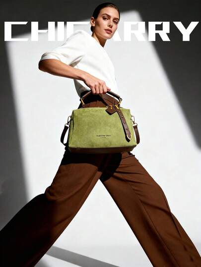 Women's Solid Color Handbag, Faux Suede Material, Zipper Closure, Rivet Embellished Vintage Pillow Bag, Casual Street Fashion Romantic Elegant Boston Bag, Suitable For Shopping, Dating, Commuting, Fits Phone, Coins, Cosmetics