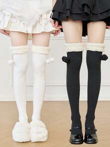 1双仿毛球过膝袜，加厚保暖，可爱洛丽塔风格，适合秋冬季穿着 - 彩色 - 查看 3