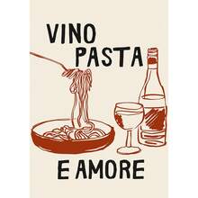 1幅无框现代风格“Vino Pasta Amore”墙面艺术海报，黑色画框，现代家居装饰，适用于客厅、厨房、办公室、餐厅、室内/室外，厨房装饰