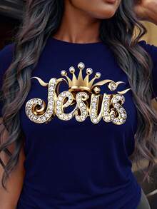 Howell Thanksgiving Top With Jesus Lettering Print, Casual Versatile All-Season Shirt - Soft Stretchy Fabric - Navy Blue - View 3