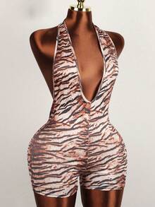 夏季街头豹纹紧身连体裤深 V 领露背连体衣俱乐部女款 - 棕色 - 查看 3