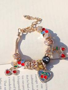 1 件豹纹樱桃串珠手链、1 件黑樱桃 8 毫米串珠手链、时尚豹纹 DIY 手链、1 件红樱桃音乐节手链 - 金色 - 查看 11