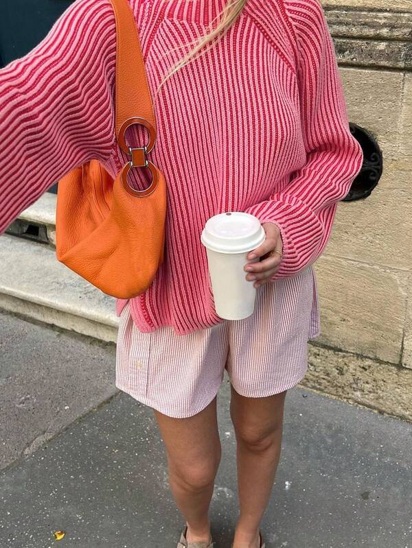 Women's Multi-Color Striped Plus Size Top, Round-Neck Long-Sleeve Sweater, Casual And Fashionable For Street Wear, Suitable For All Seasons And Highly Popular, Office Outfits For Women, Women's Outwear For Outings