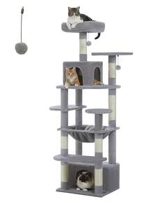 PAWZ Road Torre per gatti alta 164 cm con spaziose amache, grotte e tiragraffi, cuccia per gatti con doppi trespoli imbottiti per gatti da interno di grandi dimensioni - Grigio - Visualizzare 12